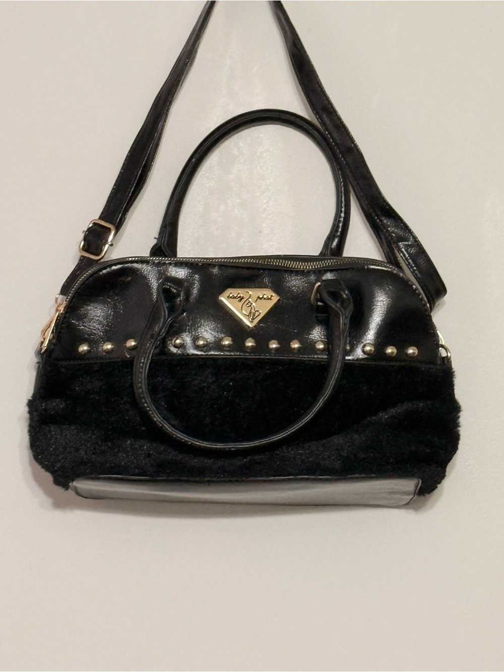 Baby Phat Black Faux Fur & Patent Shoulder Bag with Gold Studs